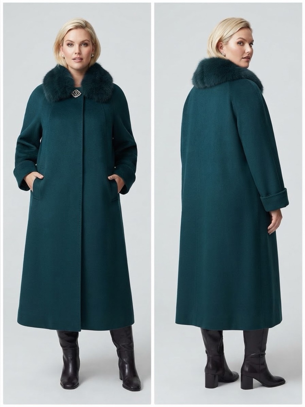 NWT WOMEN PLUS SIZE‎ LONG COAT CASHEMERE BLEND REAL FUR COLLAR RAGLAN SLEEVES